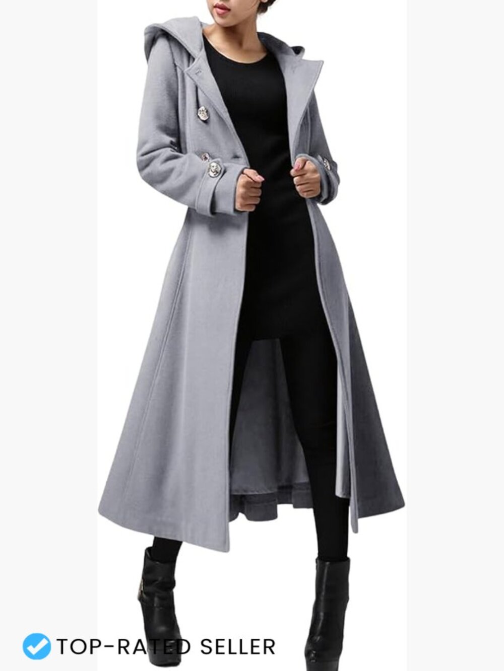 Long Double Breasted Hooded Wool Trench Coat Winter Warm Windproof